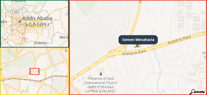 Map showing the address of Semen Menaharia in three different zoom levels.