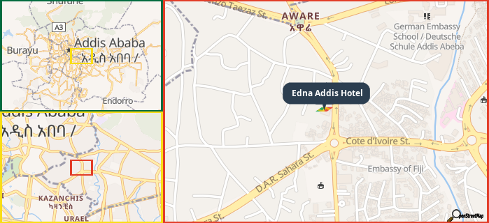 Map showing the address of Edna Addis Hotel in three different zoom levels.