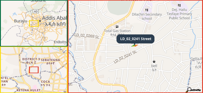 Map showing the address of LD_02_0241 Street in three different zoom levels.