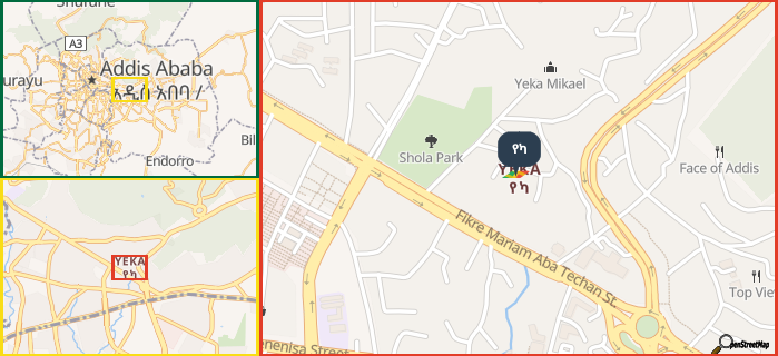 Map showing the address of የካ in three different zoom levels.