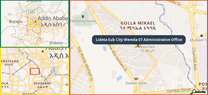 Map showing the address of Lideta Sub City Wereda 07 Administrative Office in three different zoom levels.