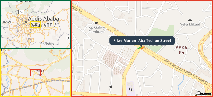 Map showing the address of Fikre Mariam Aba Techan Street in three different zoom levels.
