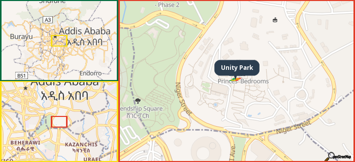 Map showing the address of Unity Park in three different zoom levels.