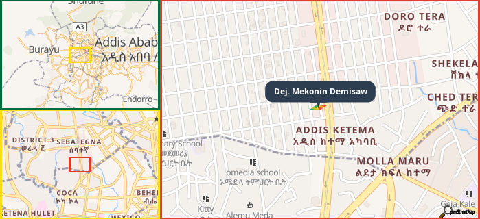 Map showing the address of Dej. Mekonin Demisaw in three different zoom levels.