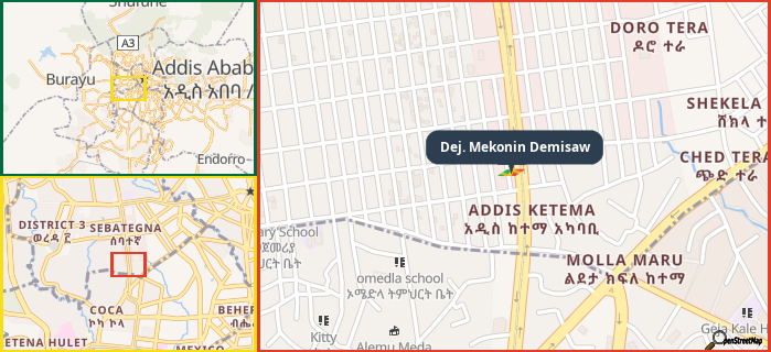 Map showing the address of Dej. Mekonin Demisaw in three different zoom levels.