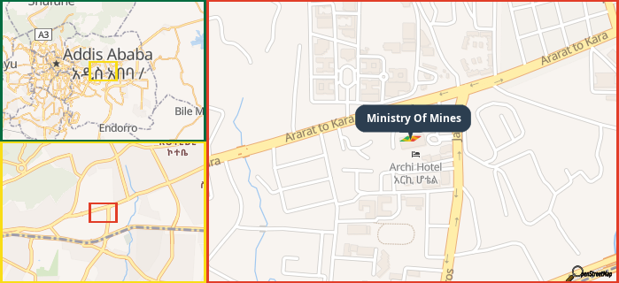 Map showing the address of Ministry Of Mines in three different zoom levels.