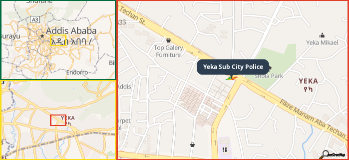 Map showing the address of Yeka Sub City Police in three different zoom levels.