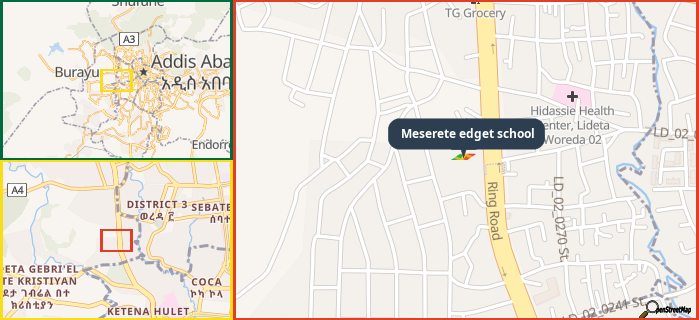 Map showing the address of Meserete edget school in three different zoom levels.