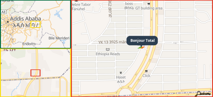 Map showing the address of Bonjour Total in three different zoom levels.