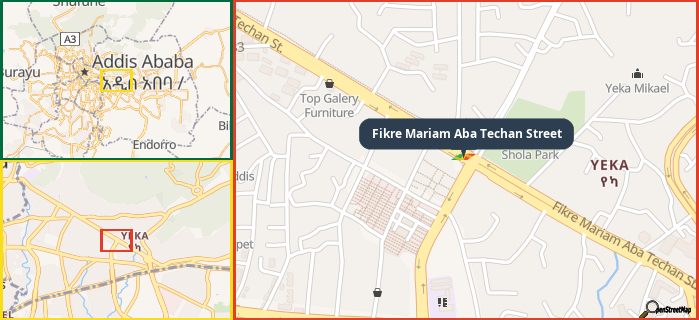 Map showing the address of Fikre Mariam Aba Techan Street in three different zoom levels.
