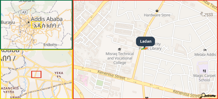 Map showing the address of Ladan in three different zoom levels.