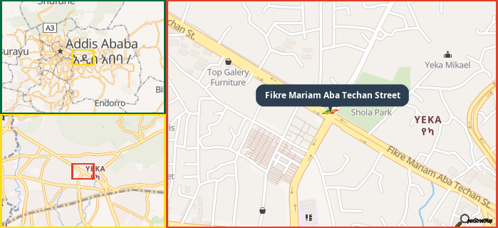 Map showing the address of Fikre Mariam Aba Techan Street in three different zoom levels.
