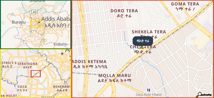 Map showing the address of ጭድ ተራ in three different zoom levels.