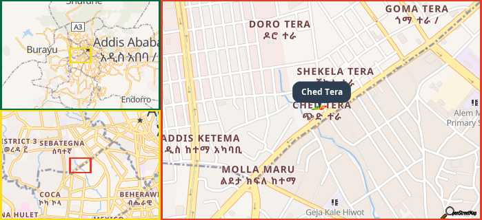 Map showing the address of Ched Tera in three different zoom levels.