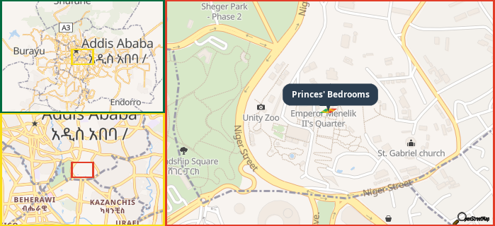 Map showing the address of Princes' Bedrooms in three different zoom levels.