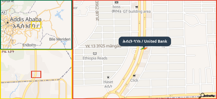 Map showing the address of ሕብረት ባንክ / United Bank in three different zoom levels.