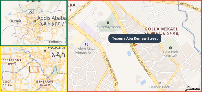 Map showing the address of Tesema Aba Kemaw Street in three different zoom levels.