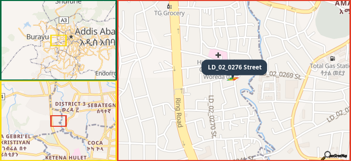 Map showing the address of LD_02_0276 Street in three different zoom levels.