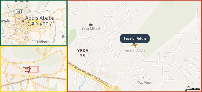 Map showing the address of Face of Addis in three different zoom levels.