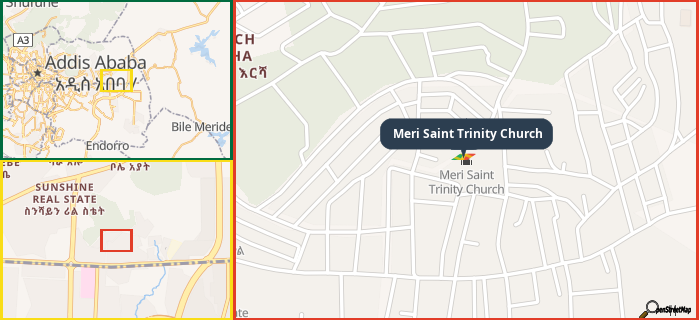 Map showing the address of Meri Saint Trinity Church in three different zoom levels.