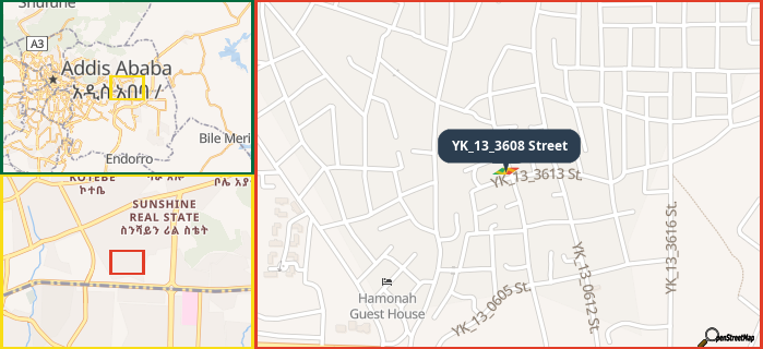 Map showing the address of YK_13_3608 Street in three different zoom levels.