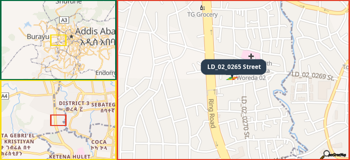 Map showing the address of LD_02_0265 Street in three different zoom levels.