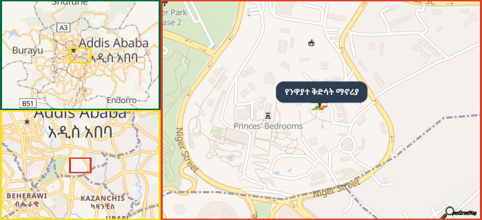 Map showing the address of የንዋያተ ቅድሳት ማኖሪያ in three different zoom levels.