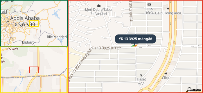 Map showing the address of YK 13 3925 mängäd in three different zoom levels.