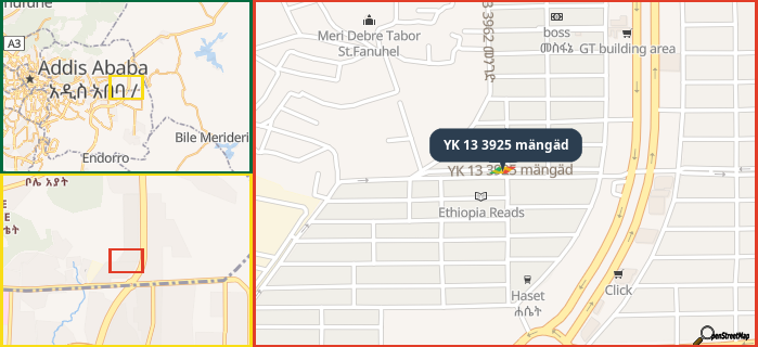 Map showing the address of YK 13 3925 mängäd in three different zoom levels.