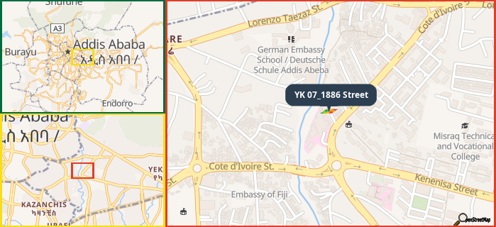 Map showing the address of YK 07_1886 Street in three different zoom levels.