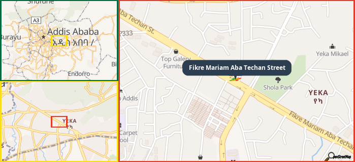 Map showing the address of Fikre Mariam Aba Techan Street in three different zoom levels.