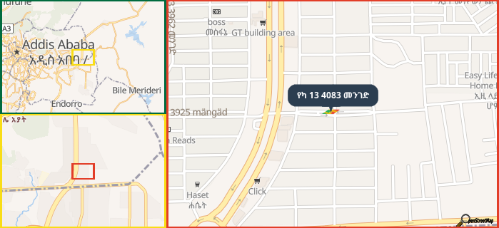 Map showing the address of የካ 13 4083 መንገድ in three different zoom levels.