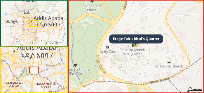 Map showing the address of Etege Taitu Bitul's Quarter in three different zoom levels.