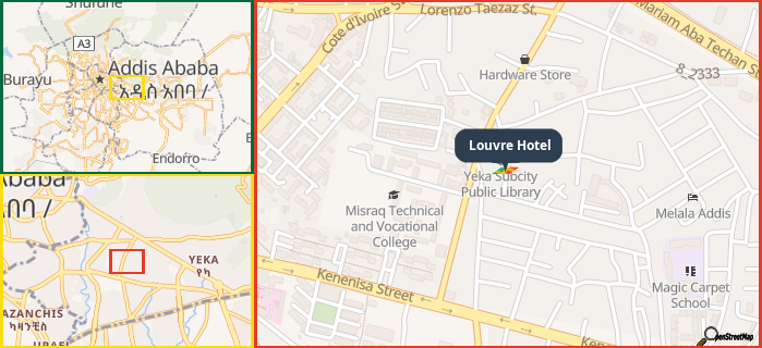 Map showing the address of Louvre Hotel in three different zoom levels.