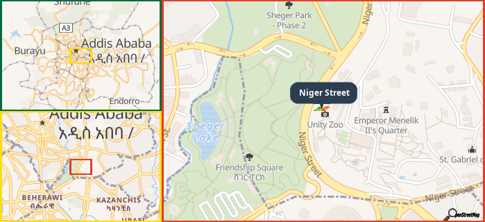 Map showing the address of Niger Street in three different zoom levels.