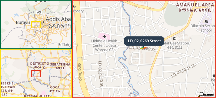 Map showing the address of LD_02_0269 Street in three different zoom levels.