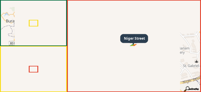 Map showing the address of Niger Street in three different zoom levels.