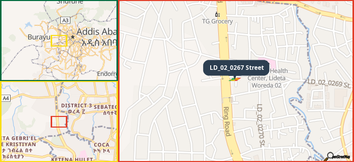 Map showing the address of LD_02_0267 Street in three different zoom levels.