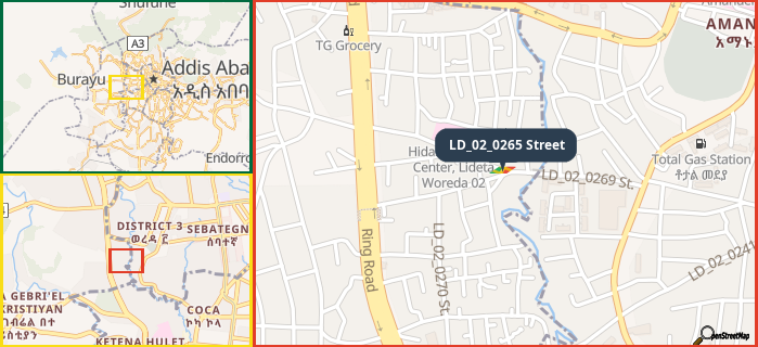 Map showing the address of LD_02_0265 Street in three different zoom levels.