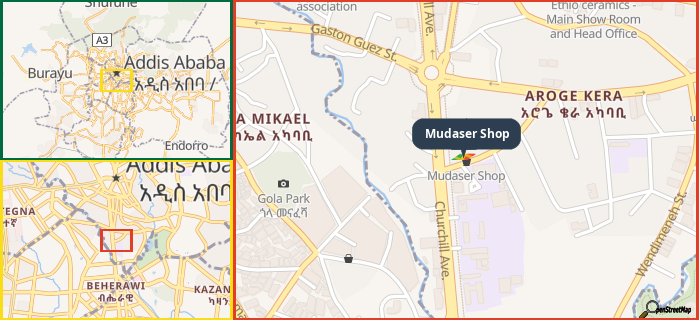Map showing the address of Mudaser Shop in three different zoom levels.