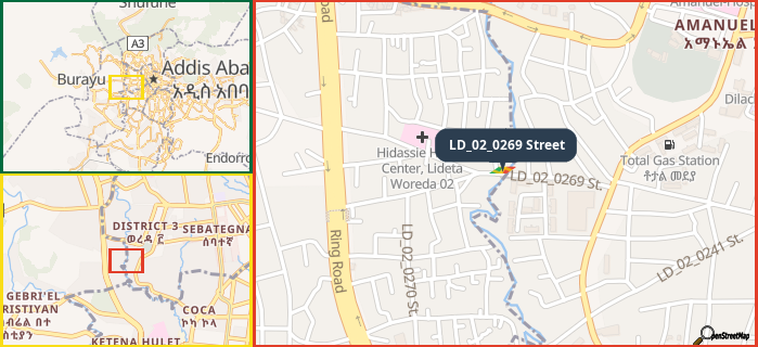 Map showing the address of LD_02_0269 Street in three different zoom levels.