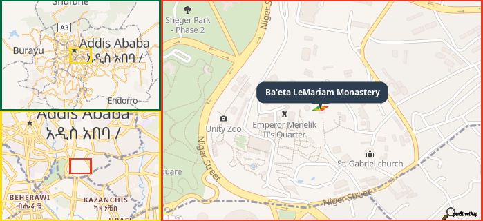 Map showing the address of Ba'eta LeMariam Monastery in three different zoom levels.