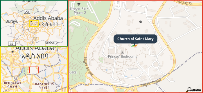 Map showing the address of Church of Saint Mary in three different zoom levels.