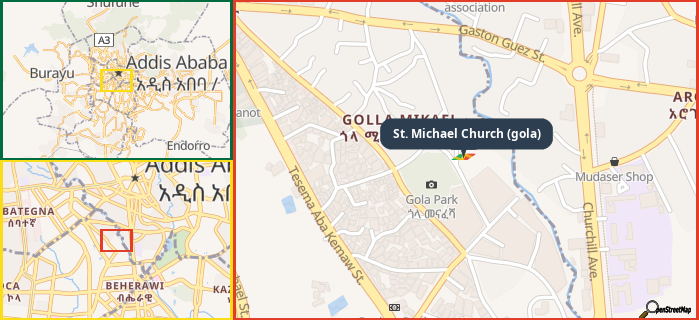 Map showing the address of St. Michael Church (gola) in three different zoom levels.