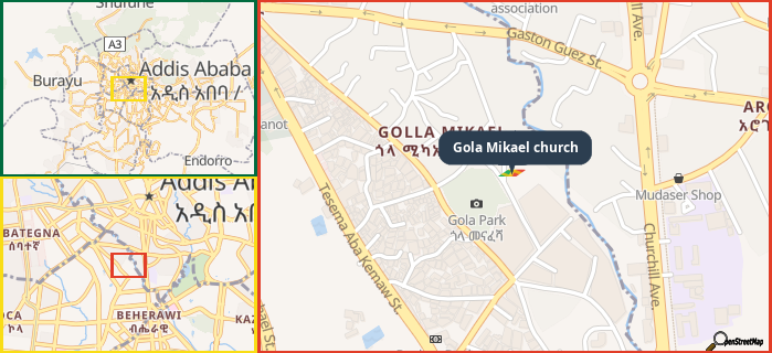 Map showing the address of Gola Mikael church in three different zoom levels.