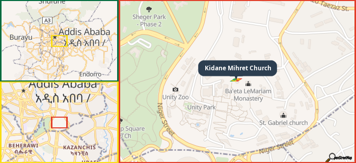 Map showing the address of Kidane Mihret Church in three different zoom levels.
