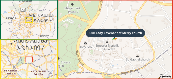 Map showing the address of Our Lady Covenant of Mercy church in three different zoom levels.