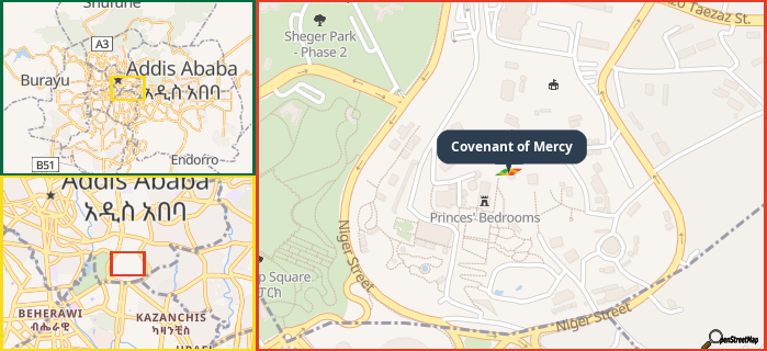 Map showing the address of Covenant of Mercy in three different zoom levels.