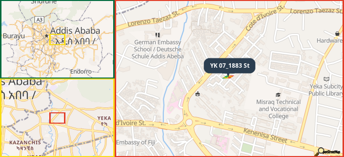 Map showing the address of YK 07_1883 St in three different zoom levels.