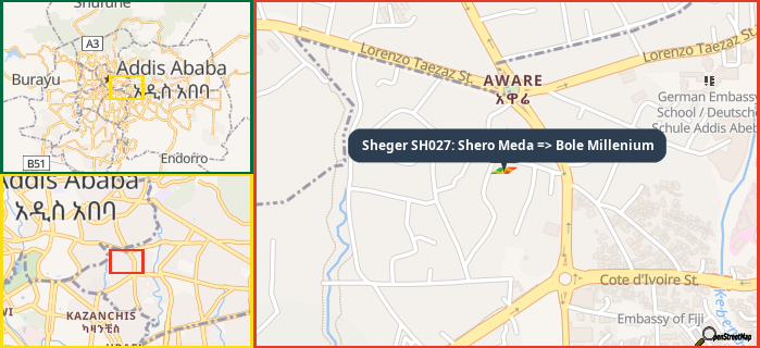 Map showing the address of Sheger SH027: Shero Meda => Bole Millenium in three different zoom levels.